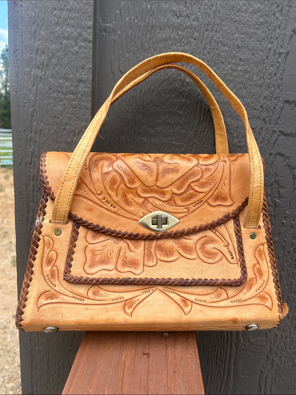 70’s Hand-Tooled Leather Mexican Top-Handle Satchel Vintage
